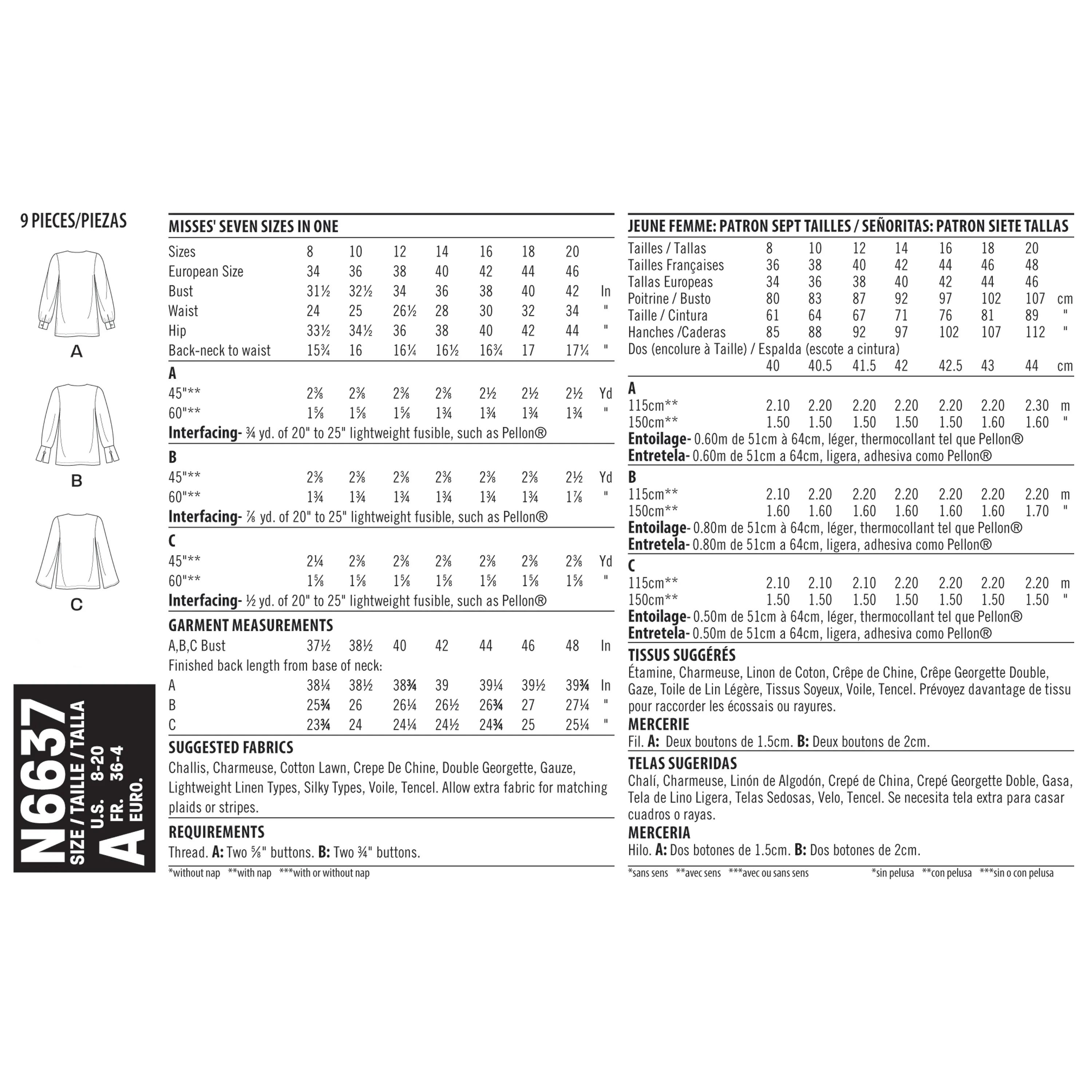 6637 New Look Sewing Pattern N6637 Misses' Loose Fitting Blouses