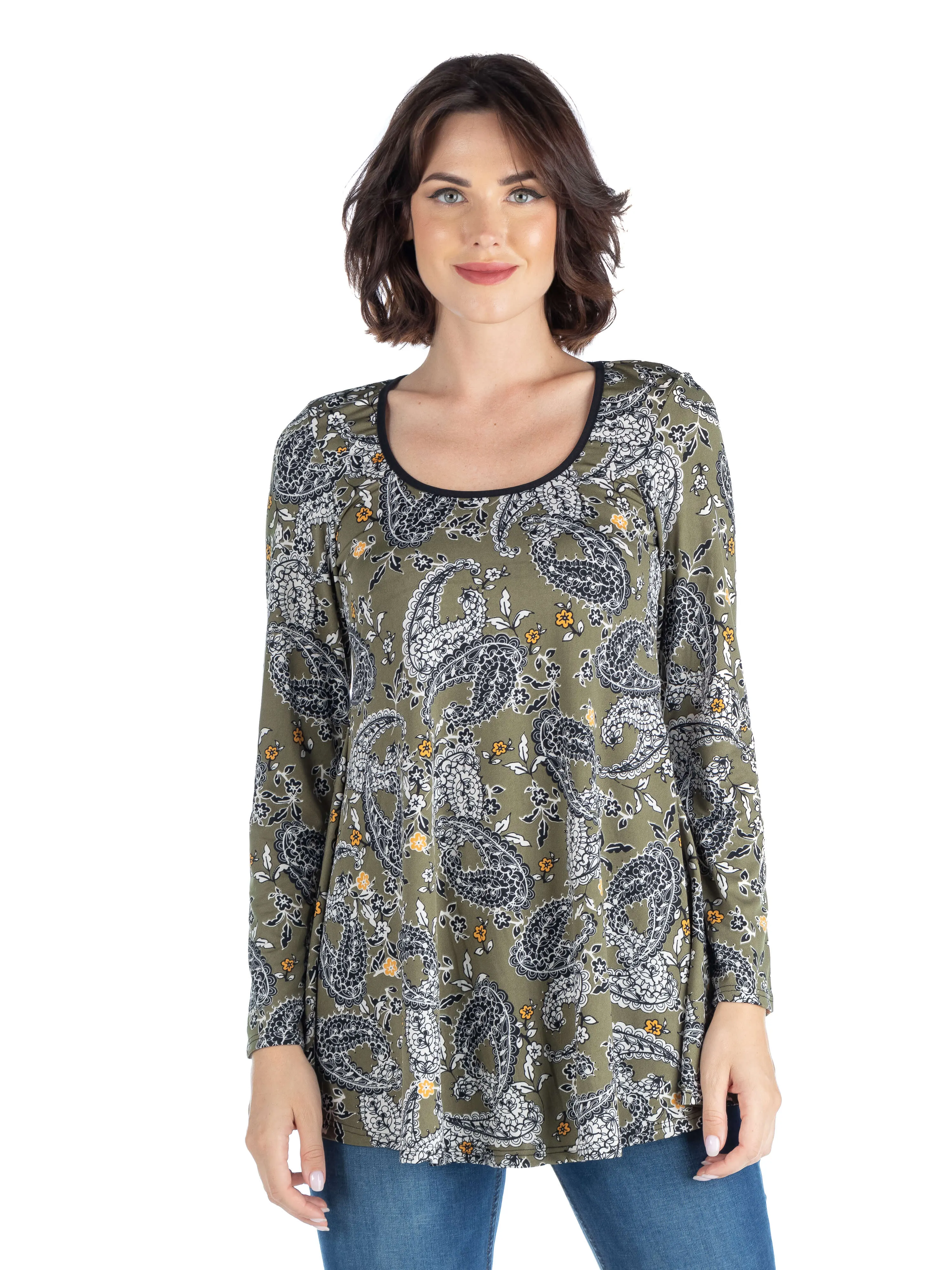 Army Green Paisley Long Sleeve Tunic Top