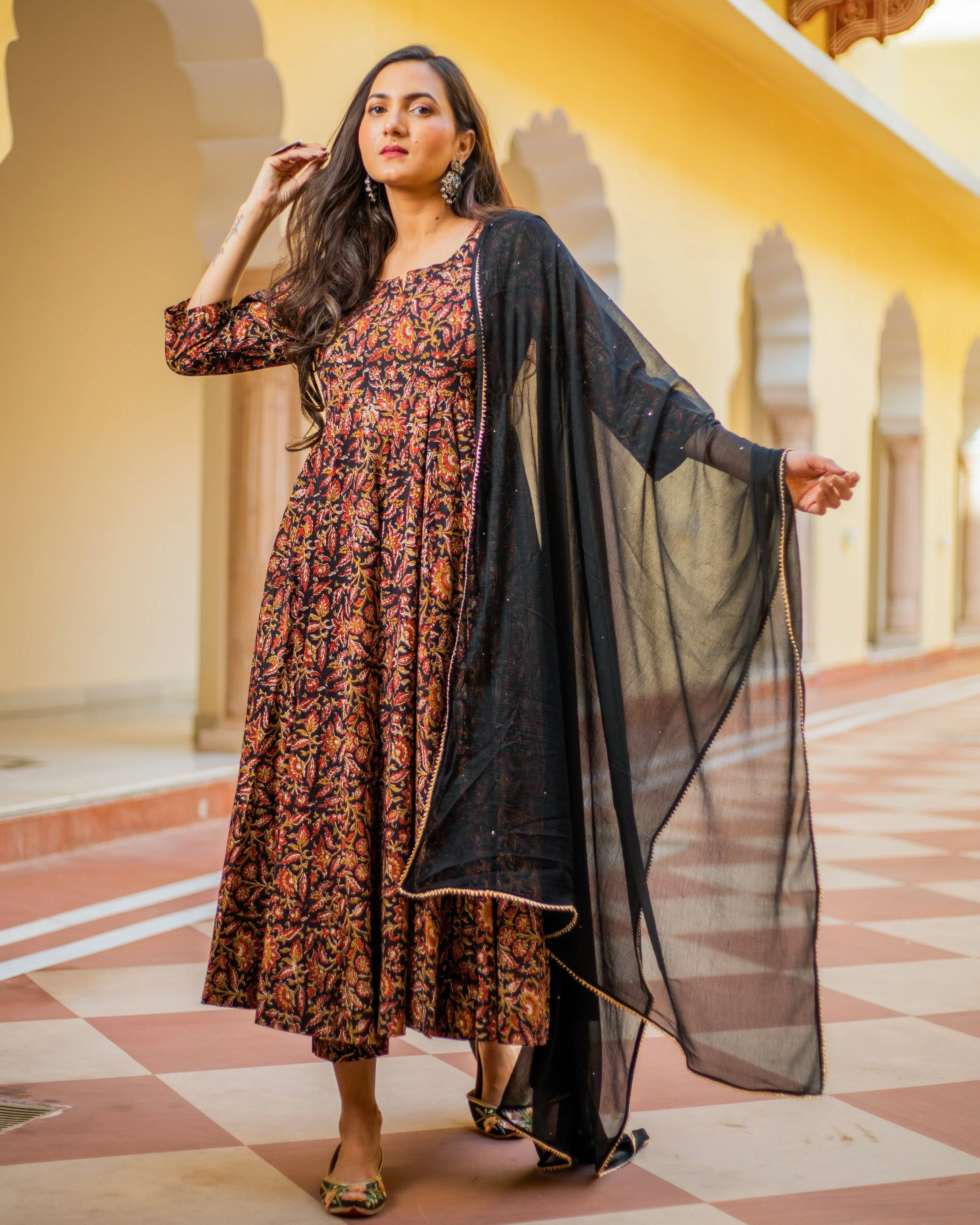Bagru Print Black and Red Colored Dress Set