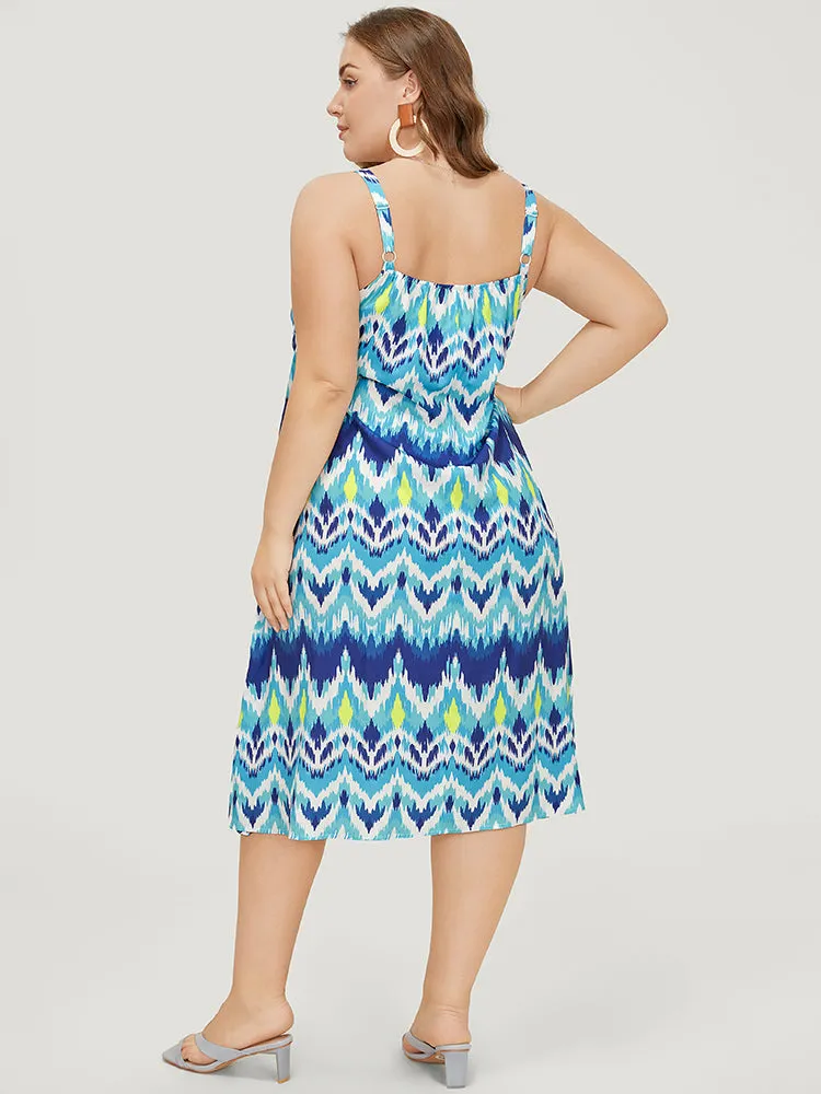 Bandana Geometric Ruffles Hem Pocket Spaghetti Strap Dress