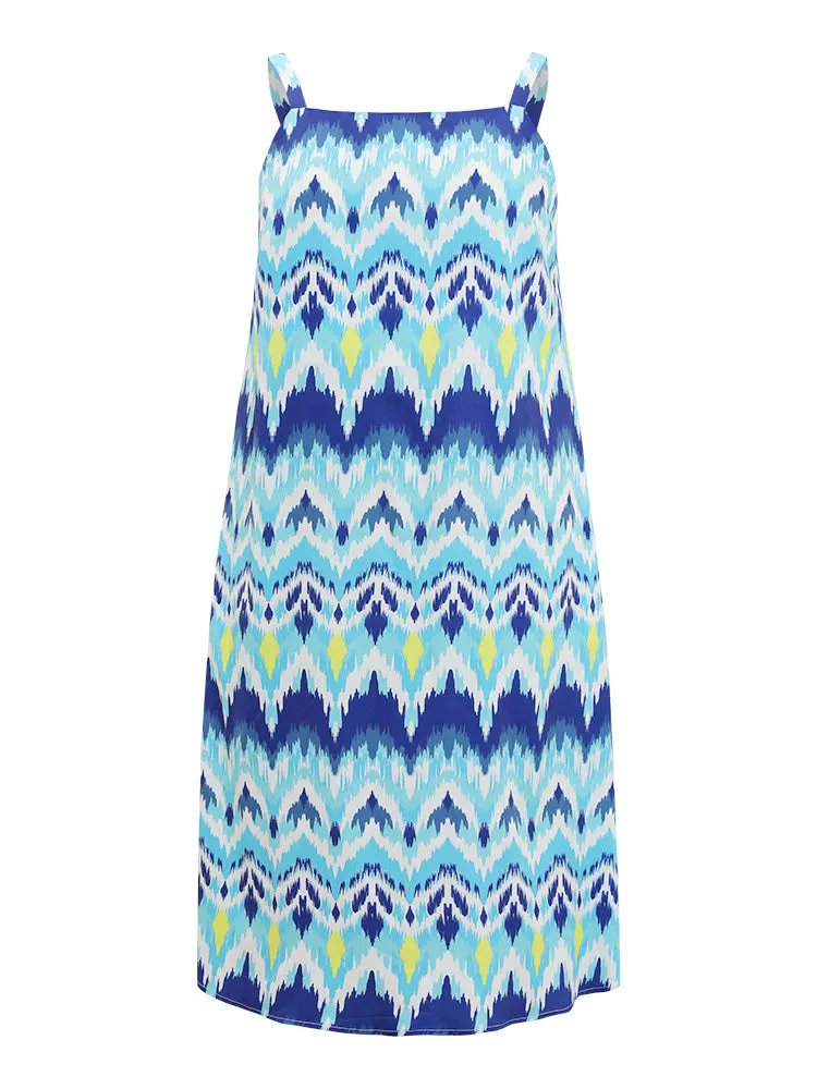 Bandana Geometric Ruffles Hem Pocket Spaghetti Strap Dress
