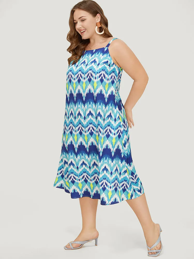 Bandana Geometric Ruffles Hem Pocket Spaghetti Strap Dress