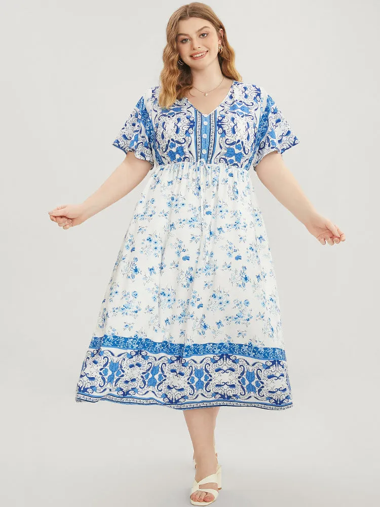 Bandana Ruffle Sleeve Button Detail Pocket Ties Up Dress