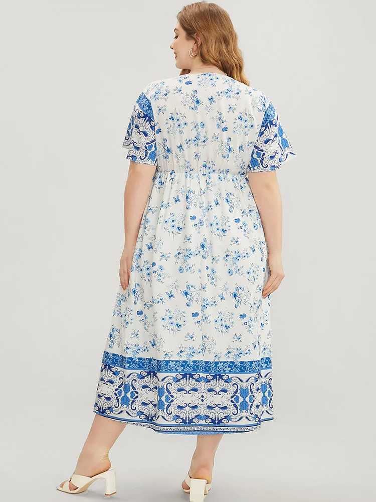 Bandana Ruffle Sleeve Button Detail Pocket Ties Up Dress