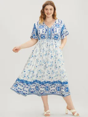 Bandana Ruffle Sleeve Button Detail Pocket Ties Up Dress