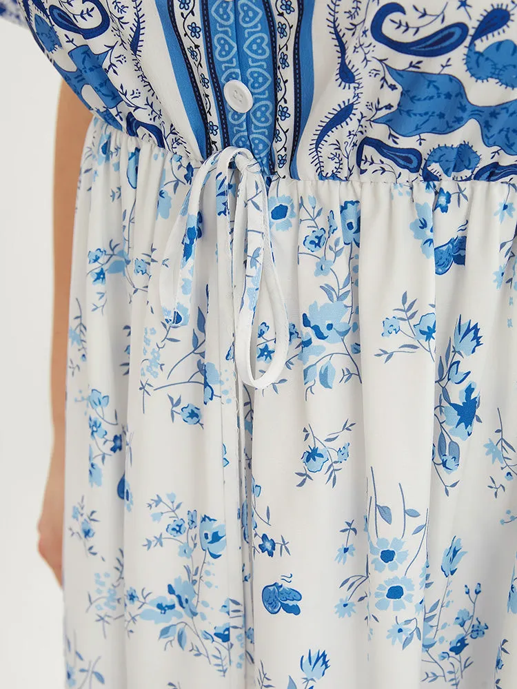 Bandana Ruffle Sleeve Button Detail Pocket Ties Up Dress
