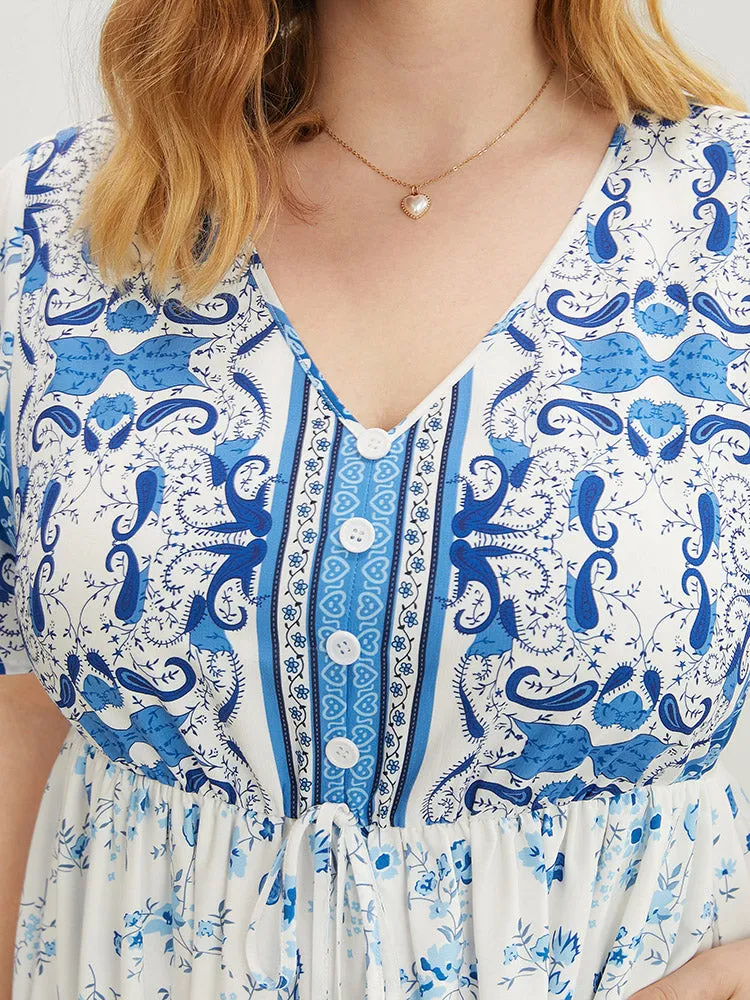 Bandana Ruffle Sleeve Button Detail Pocket Ties Up Dress