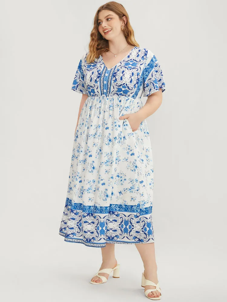 Bandana Ruffle Sleeve Button Detail Pocket Ties Up Dress