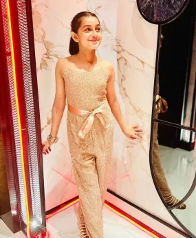 Beige Shimmery Belted Jumpsuit