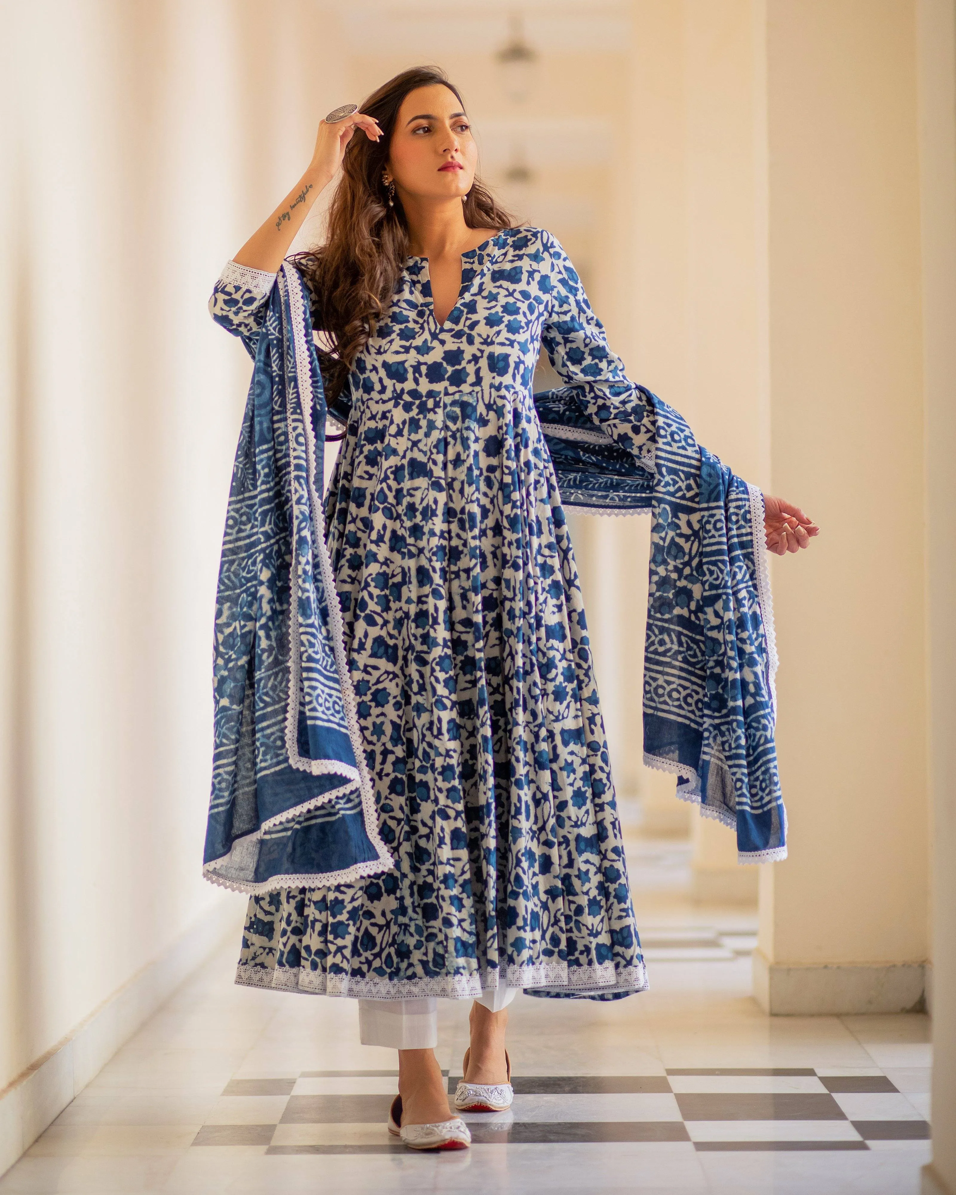 Cotton Dress Set - Indigo Colored Dabu Print