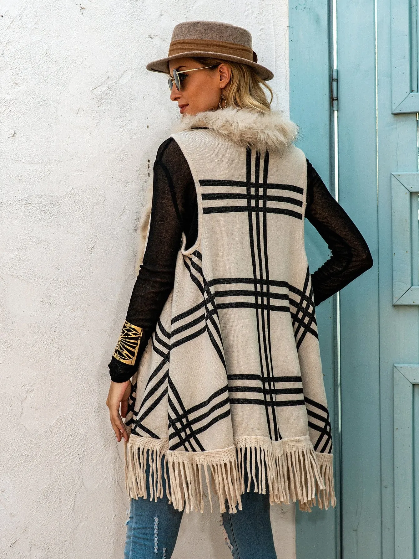 Faux Fur Trim Printed Vest