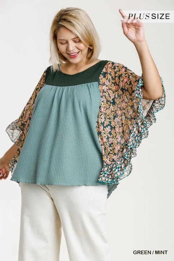 Floral Metallic Butterfly Sleeve Top, Mint
