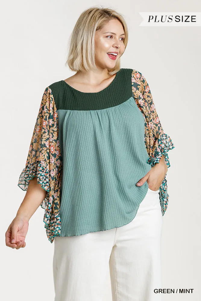 Floral Metallic Butterfly Sleeve Top, Mint