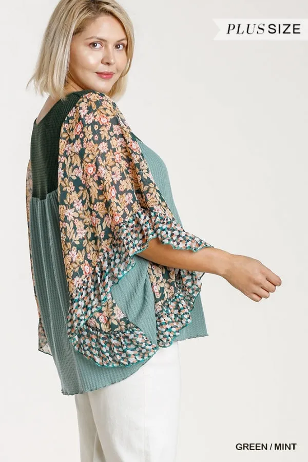 Floral Metallic Butterfly Sleeve Top, Mint