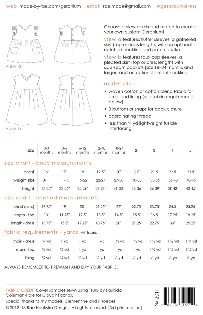 Geranium Dress (size 0-5 yrs) Printed Pattern