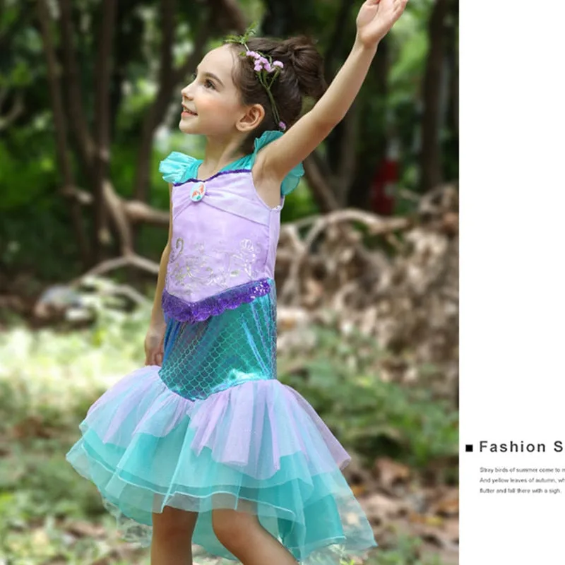 Girls Princess Mermaid Dress Halloween Carnival Party Ariel Dress 4-10Y