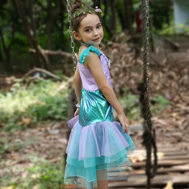Girls Princess Mermaid Dress Halloween Carnival Party Ariel Dress 4-10Y