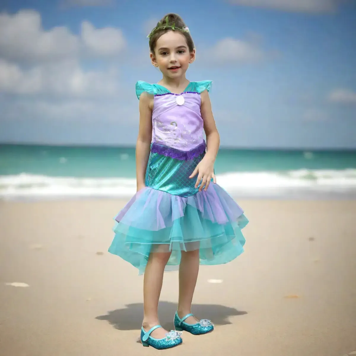 Girls Princess Mermaid Dress Halloween Carnival Party Ariel Dress 4-10Y