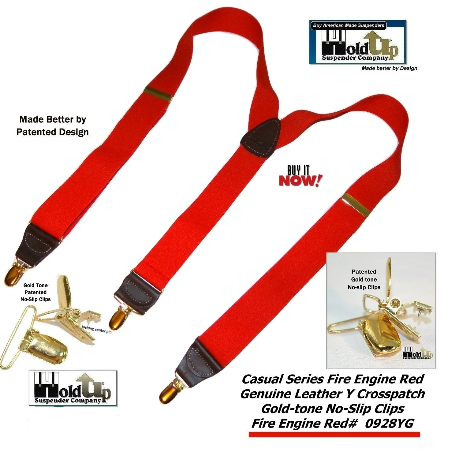 Hold-Ups Red Casual series 1 1/2" wide Suspenders Y-back with Patented No-slip Gold Clips