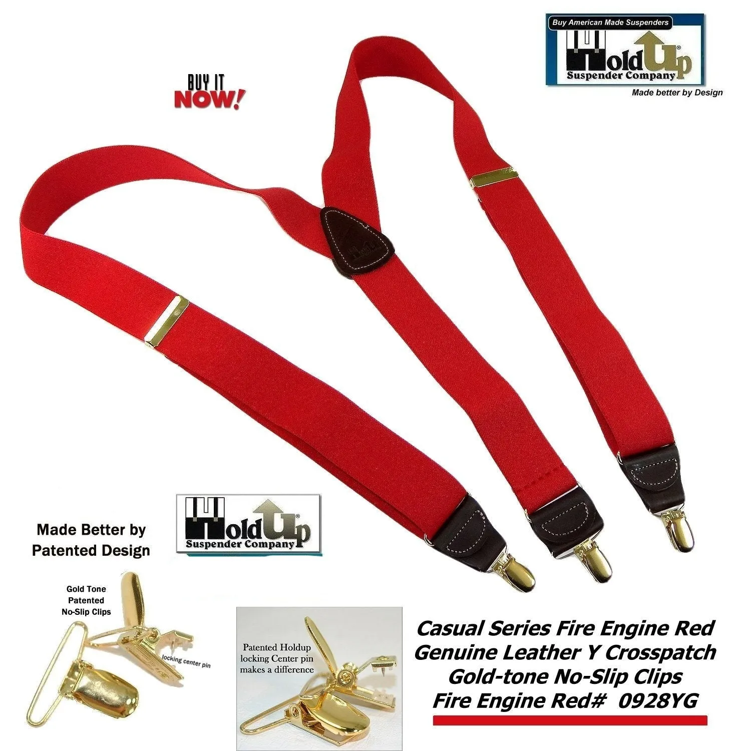 Hold-Ups Red Casual series 1 1/2" wide Suspenders Y-back with Patented No-slip Gold Clips