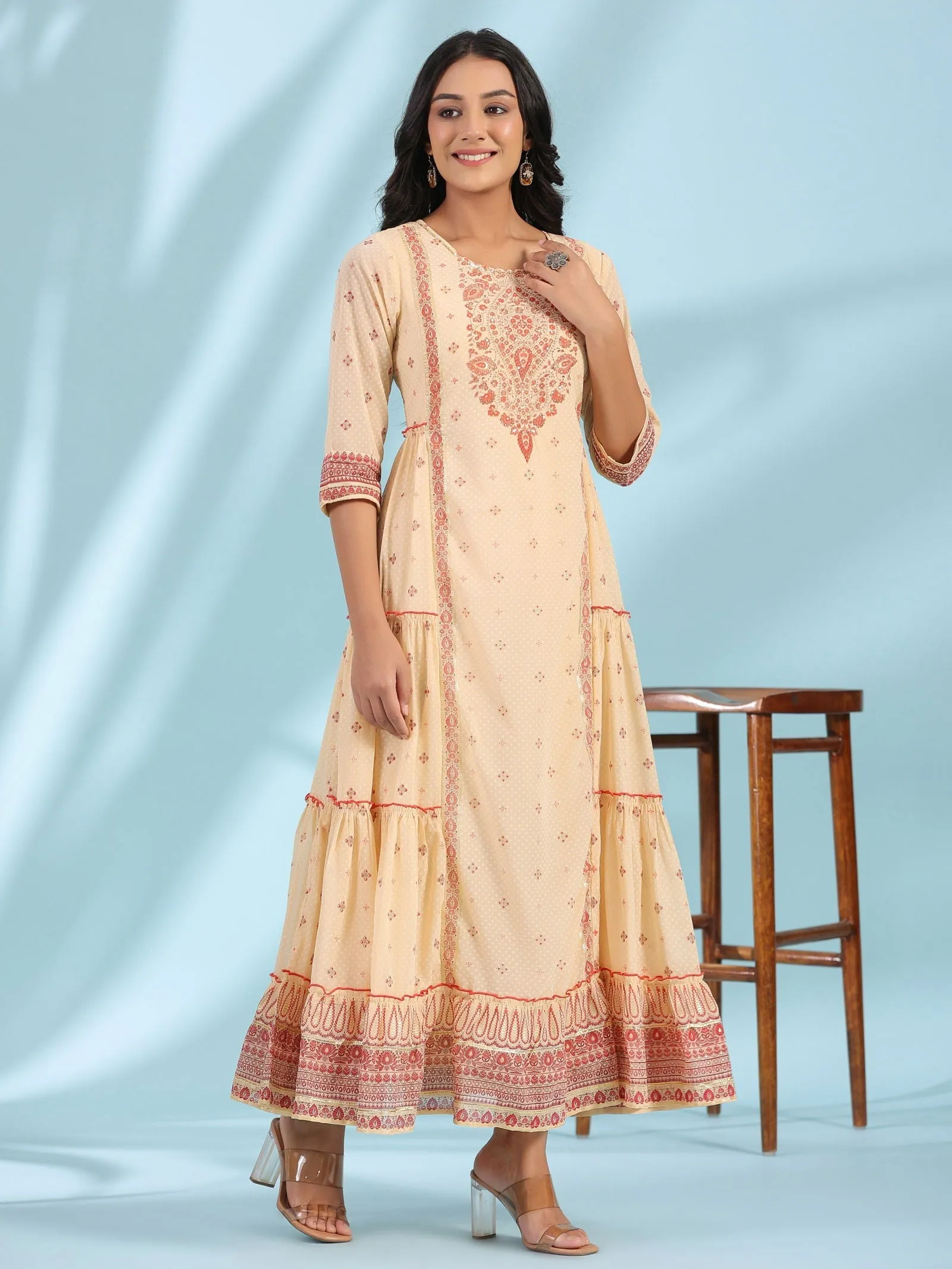Jashvi Festive Ivory Ethnic Motif Printed Tiered Dress With Sequins & Beadwork