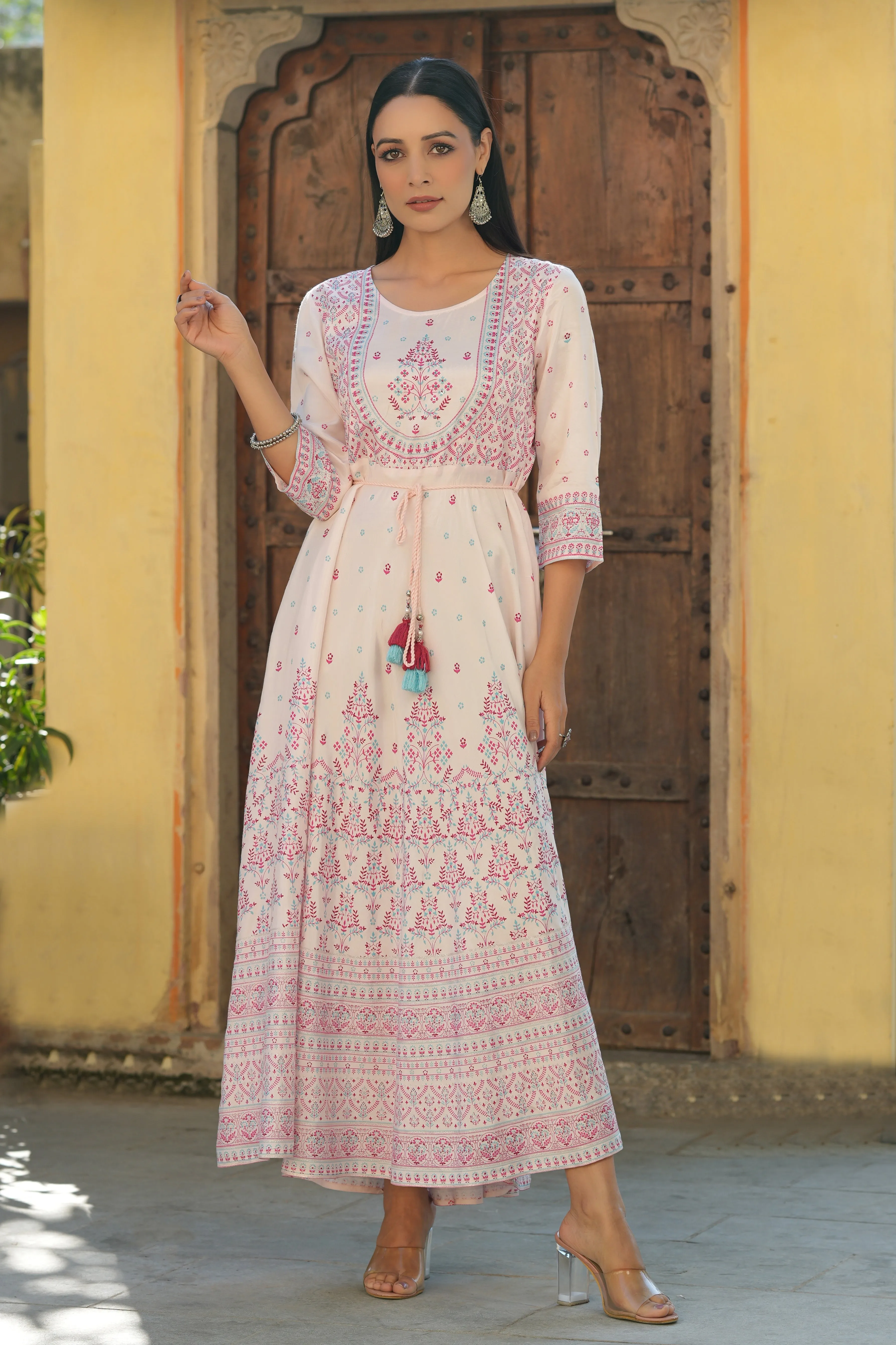 Jashvi Pink Ethnic Motif Printed Shantoon Flared Maxi dress With Beads & Sequins Work