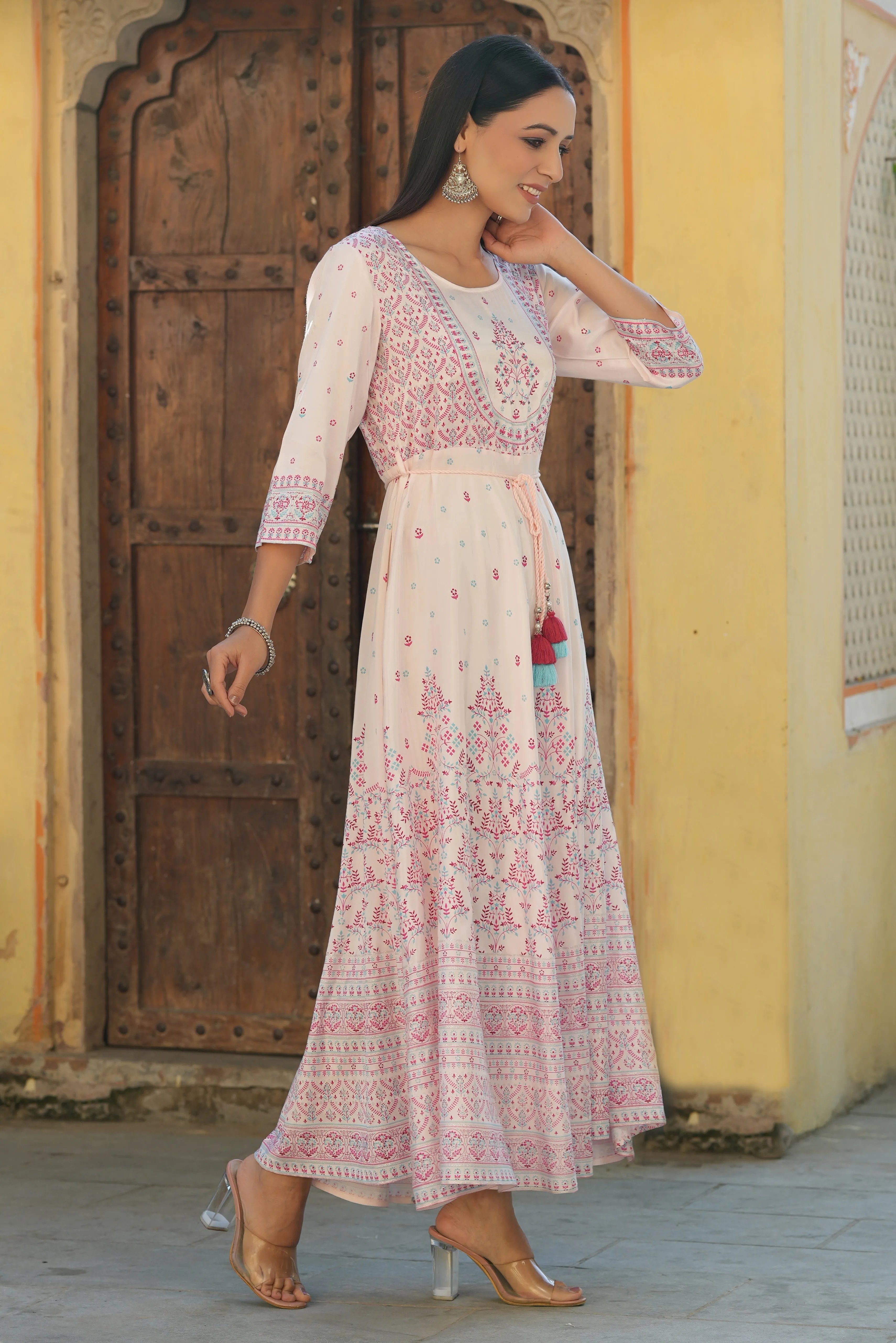 Jashvi Pink Ethnic Motif Printed Shantoon Flared Maxi dress With Beads & Sequins Work
