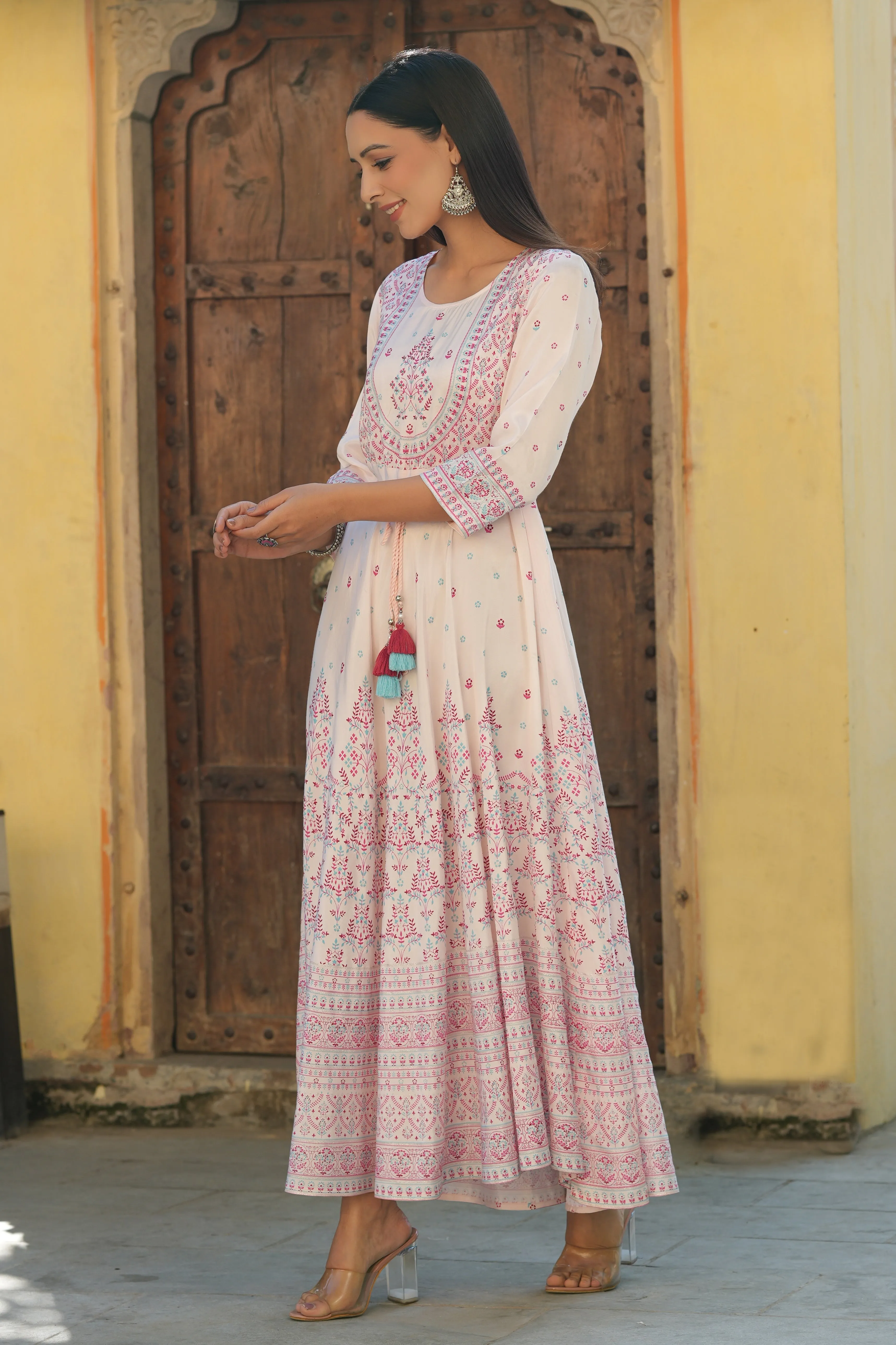 Jashvi Pink Ethnic Motif Printed Shantoon Flared Maxi dress With Beads & Sequins Work