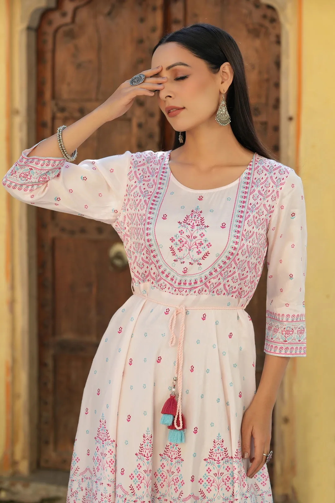 Jashvi Pink Ethnic Motif Printed Shantoon Flared Maxi dress With Beads & Sequins Work