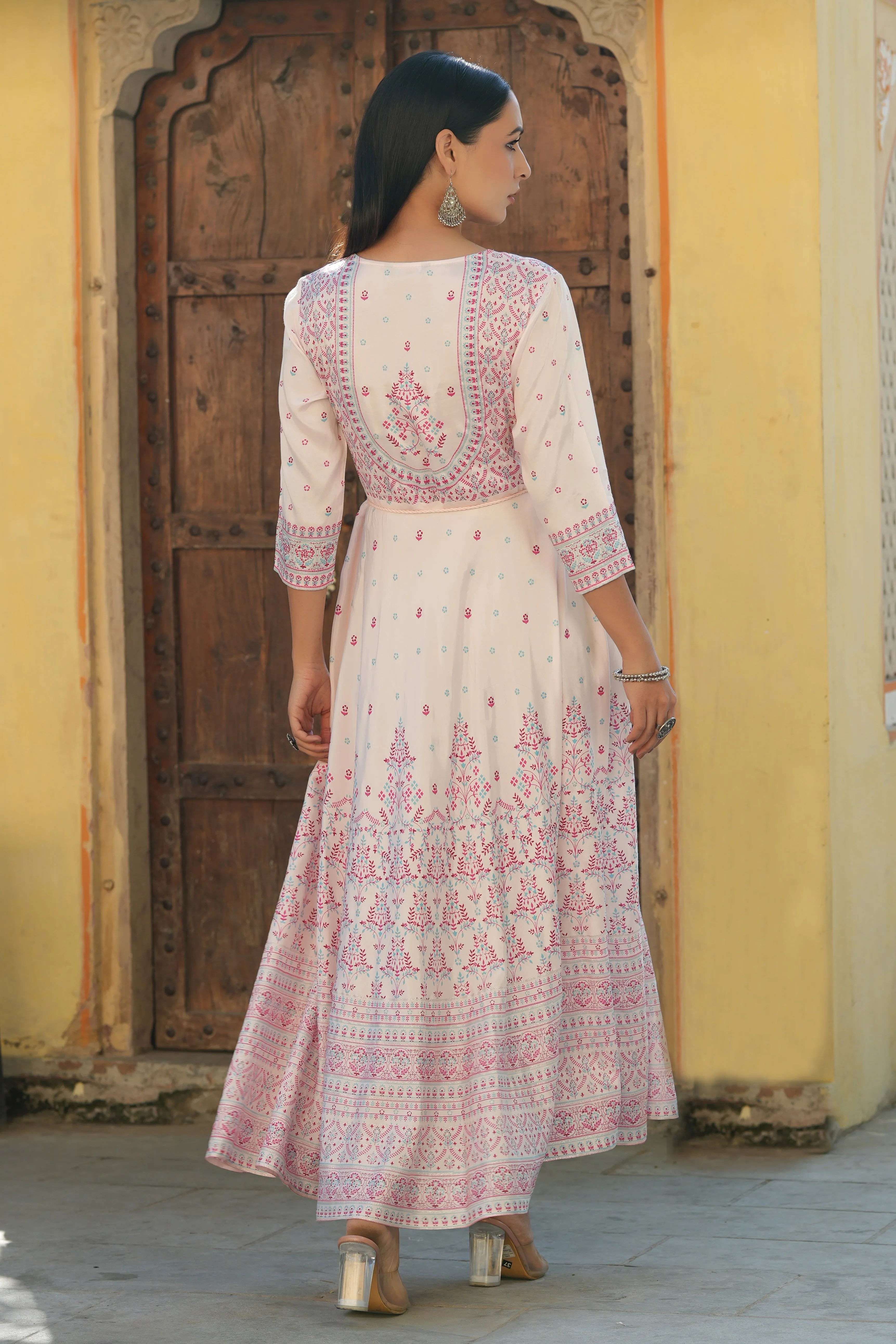 Jashvi Pink Ethnic Motif Printed Shantoon Flared Maxi dress With Beads & Sequins Work