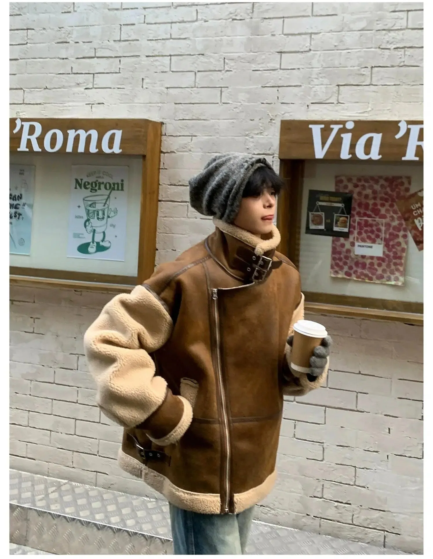Leather Jacket with Shearling Trim