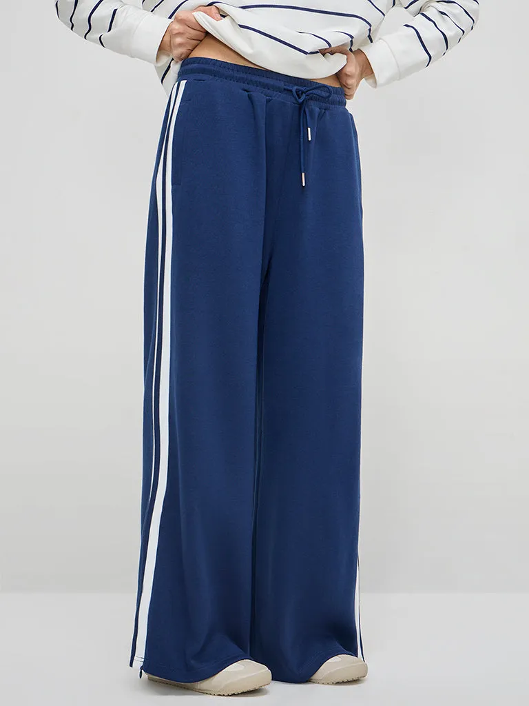 LOV Blue Solid High-Rise Cotton-Blend Track Pants