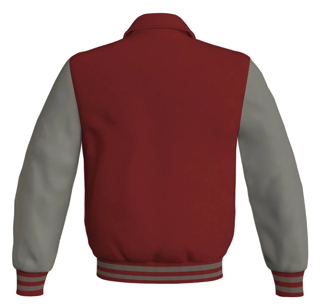 Luxury Bomber Classic Jacket Maroon Body and Gray Leather Sleeves