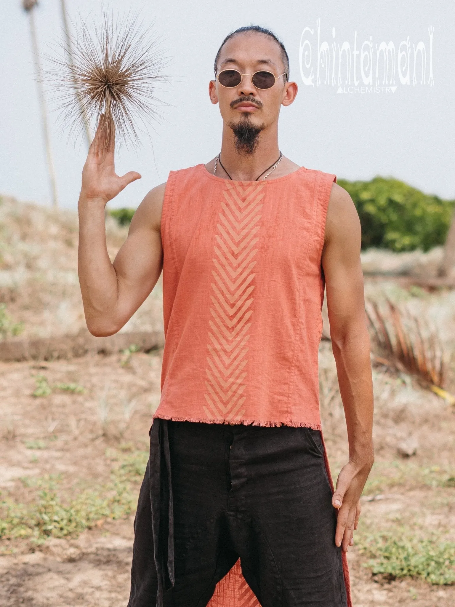 Organic Mens Long Top with Corners Print / Salmon Red