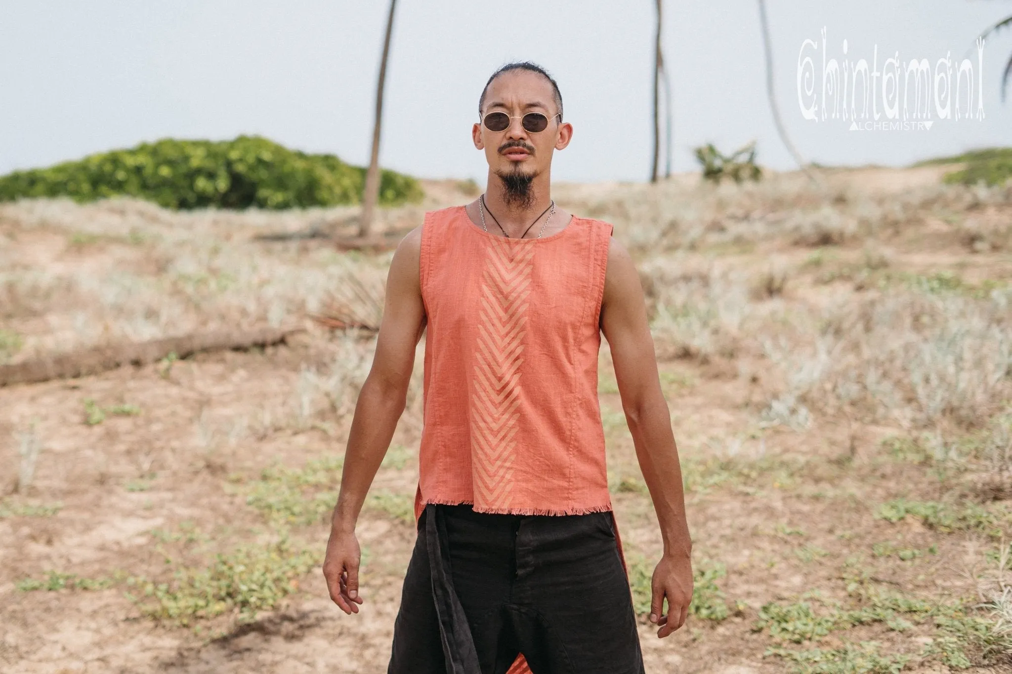 Organic Mens Long Top with Corners Print / Salmon Red