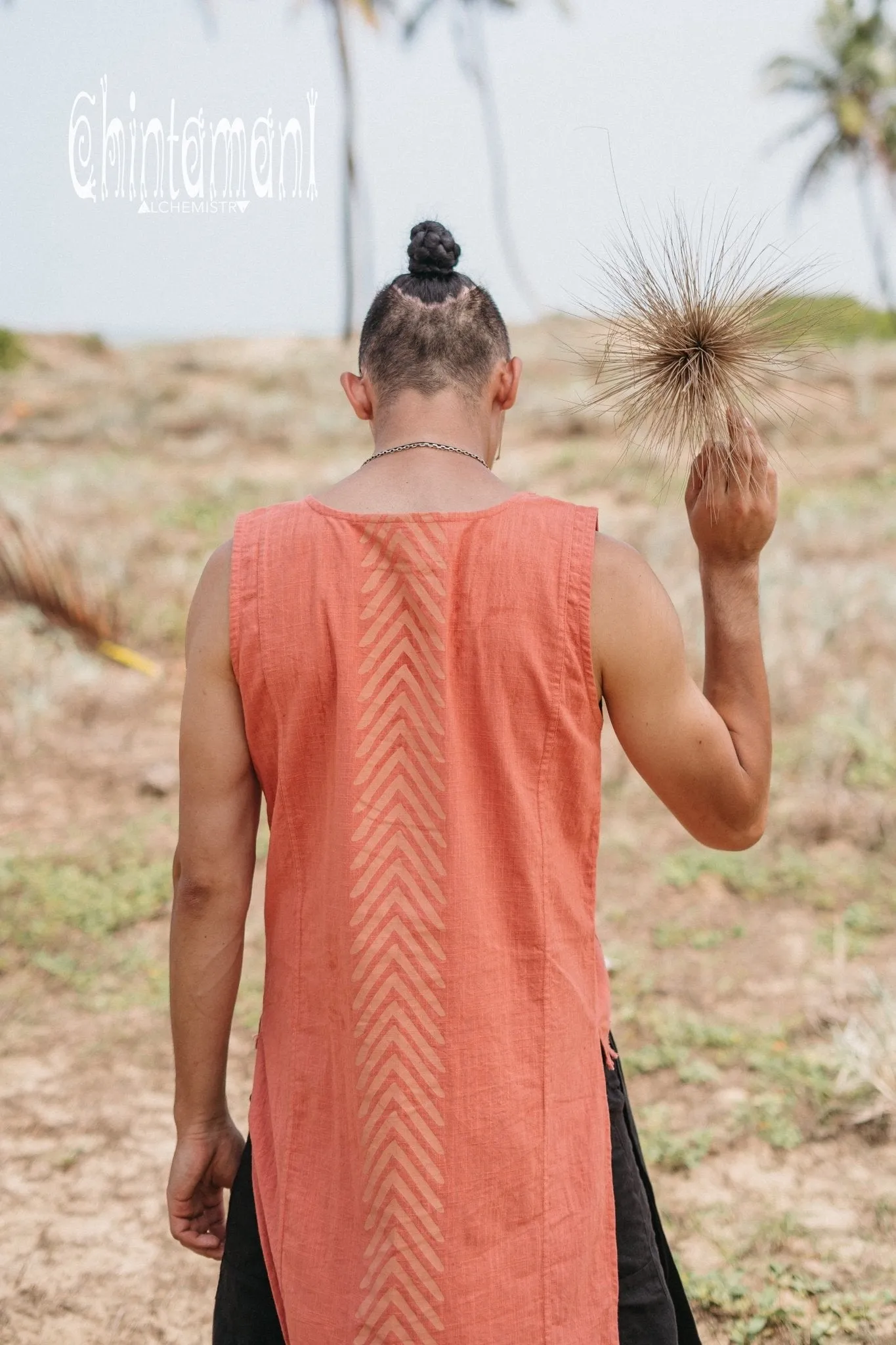 Organic Mens Long Top with Corners Print / Salmon Red
