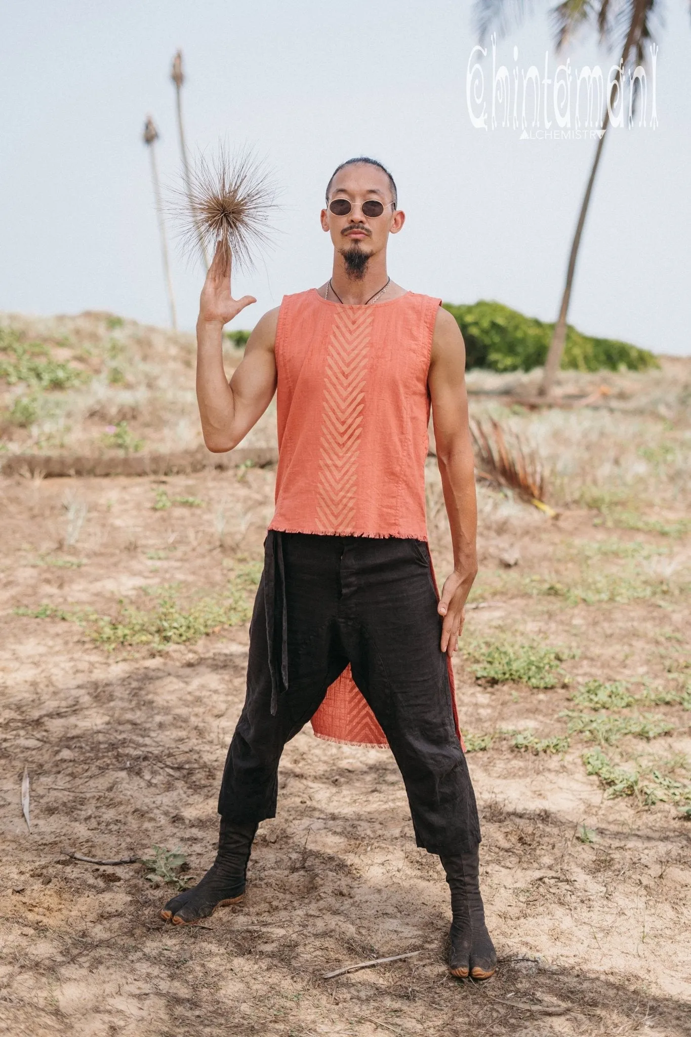 Organic Mens Long Top with Corners Print / Salmon Red