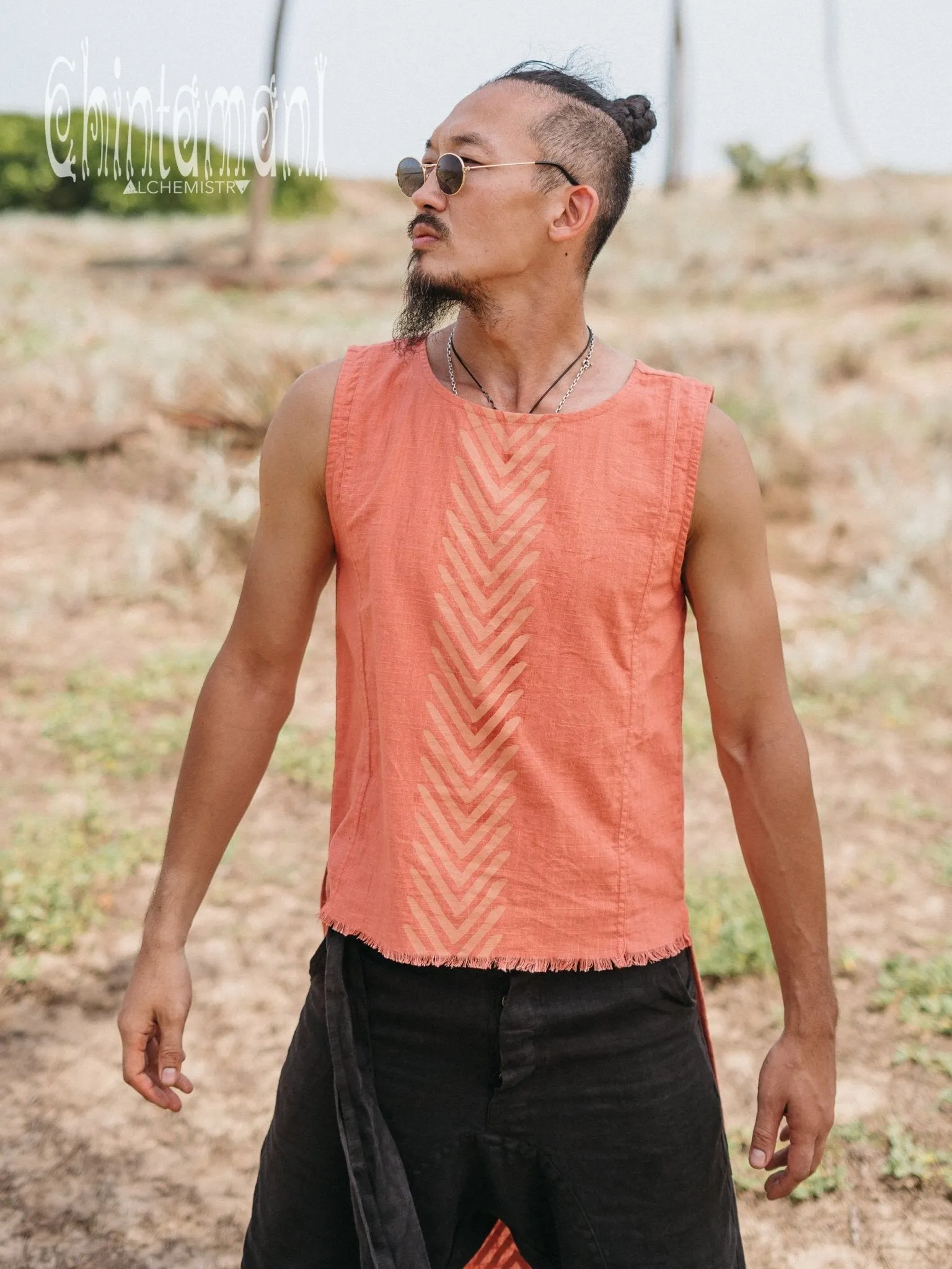 Organic Mens Long Top with Corners Print / Salmon Red
