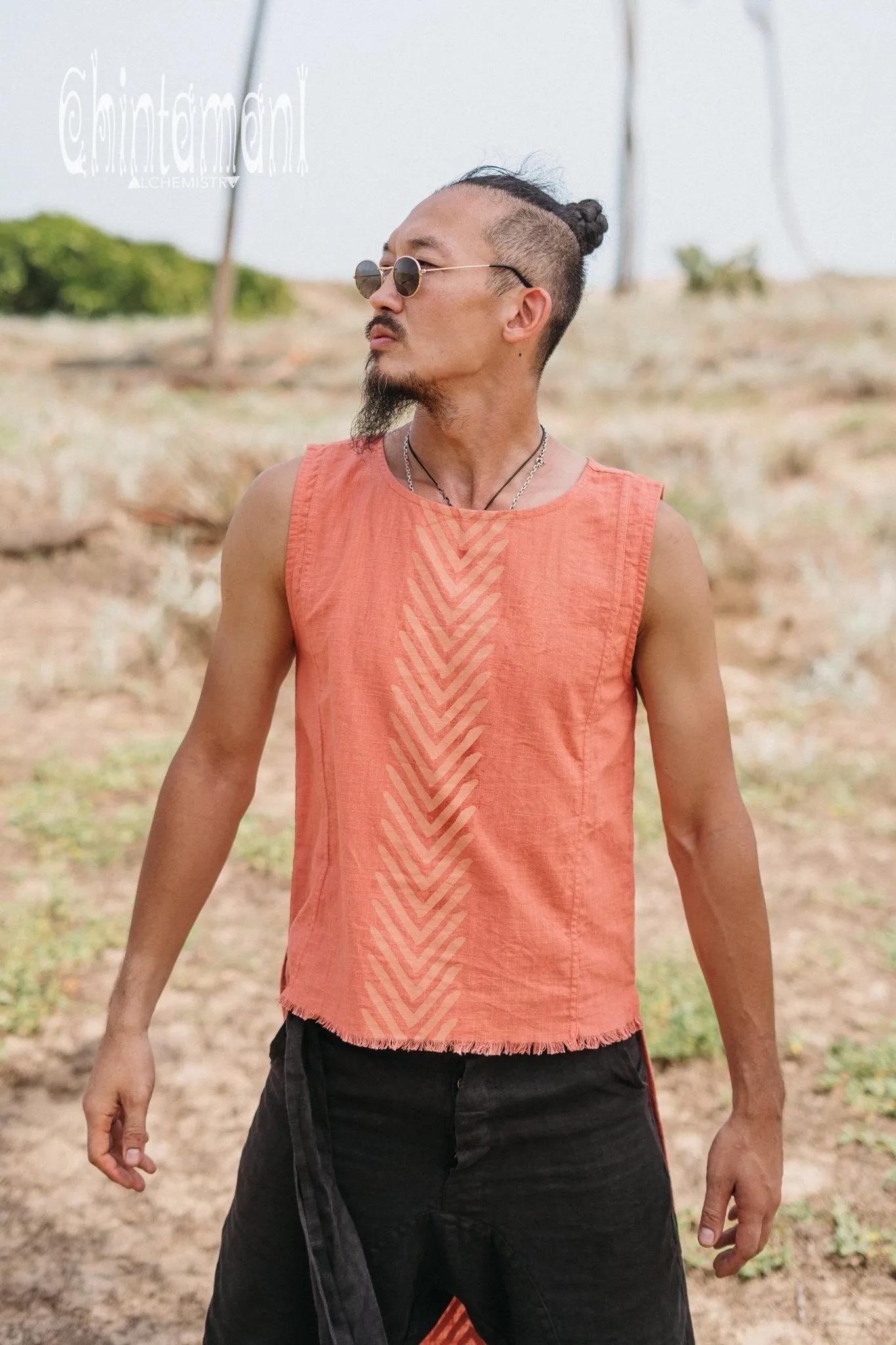 Organic Mens Long Top with Corners Print / Salmon Red