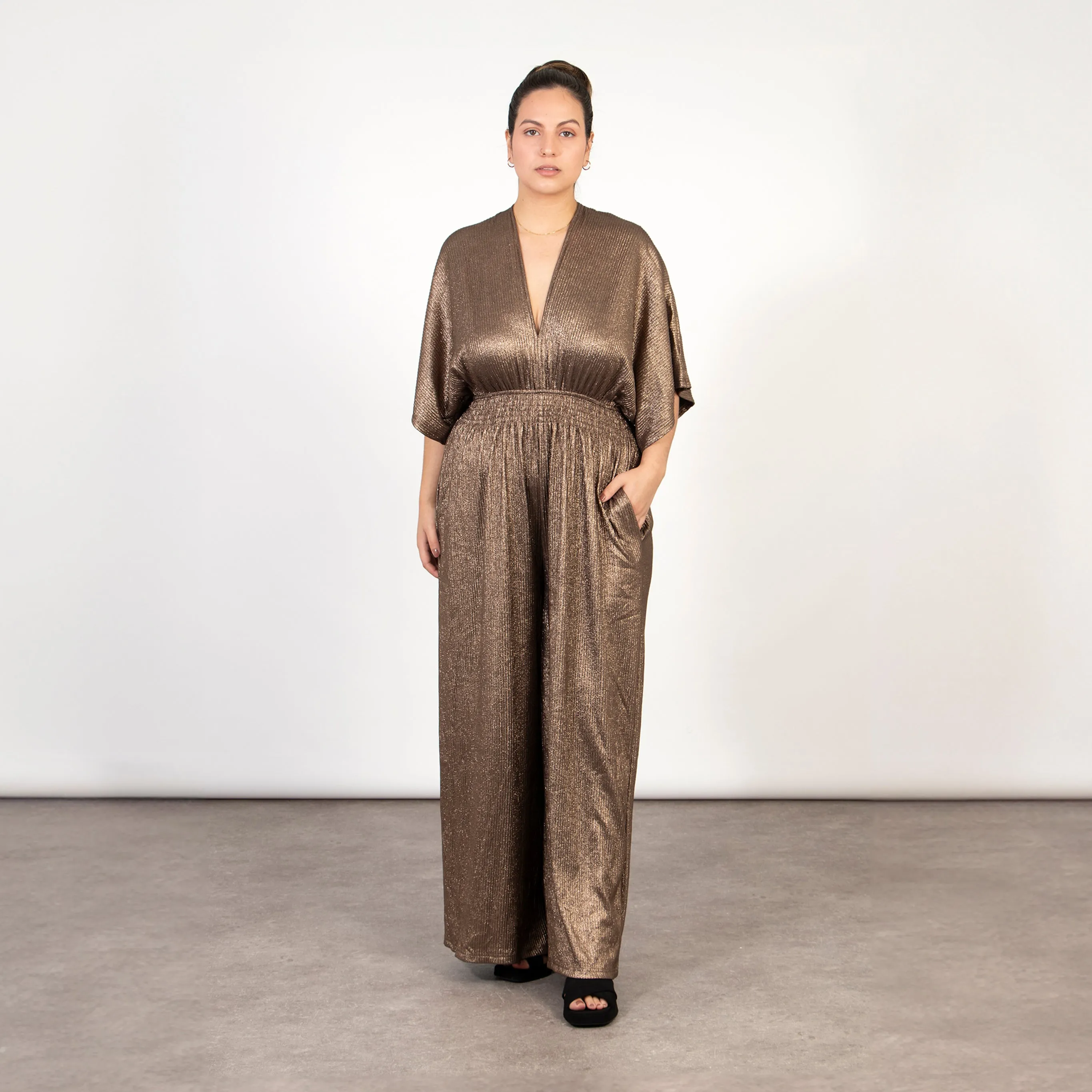 Scarlett V-Neck Jumpsuit - Bronze, Pleated