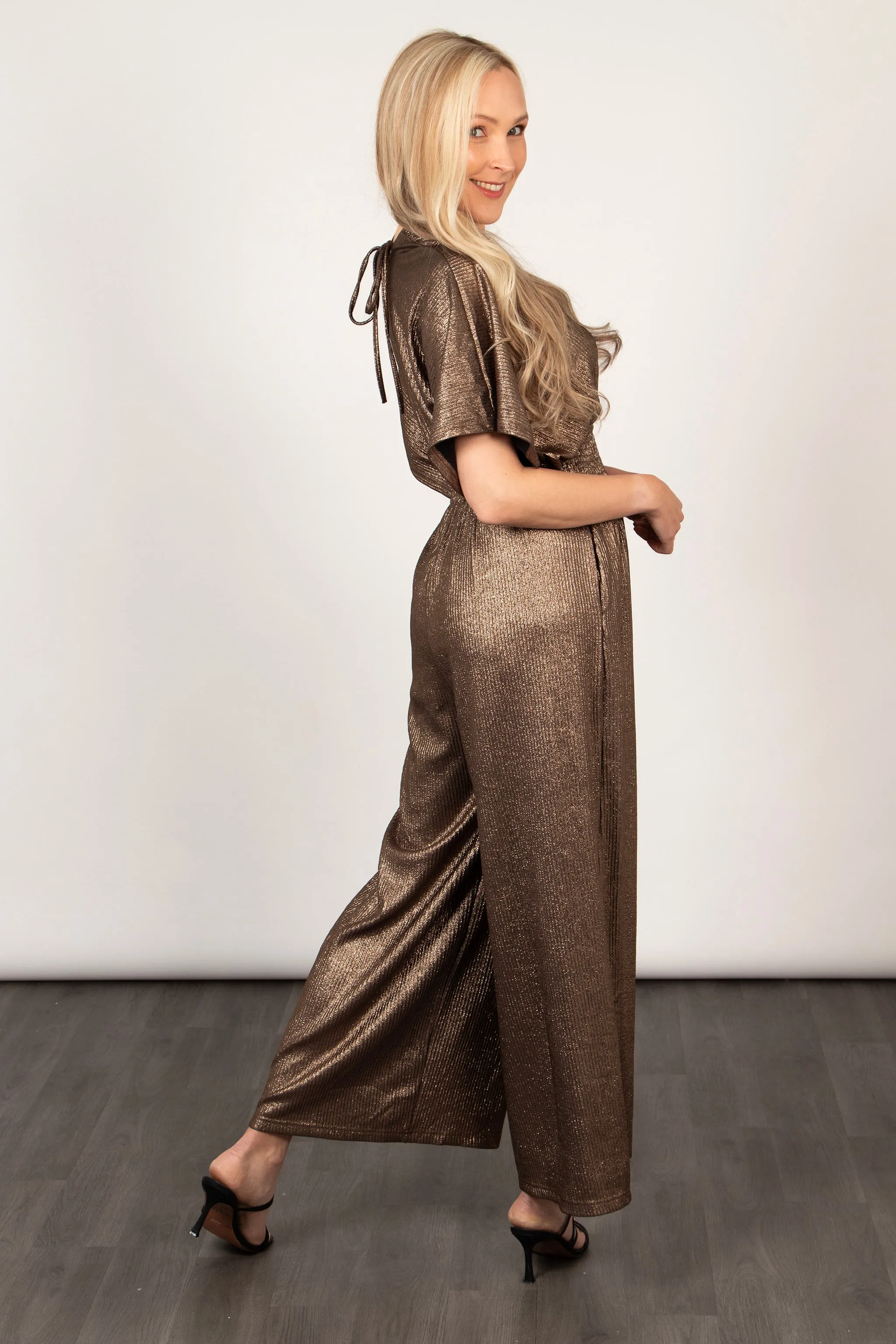 Scarlett V-Neck Jumpsuit - Bronze, Pleated