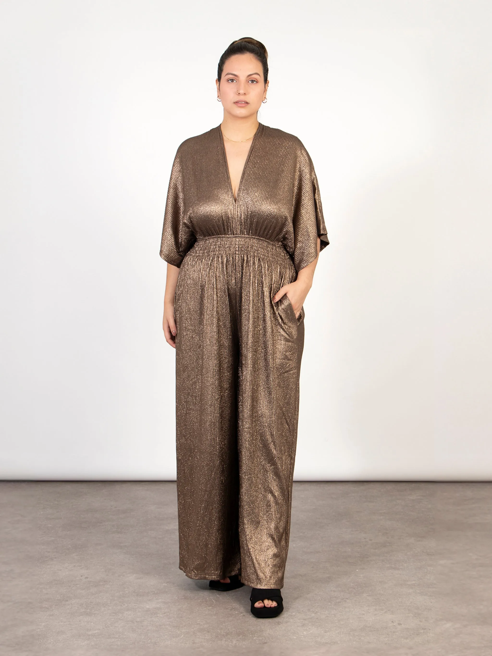 Scarlett V-Neck Jumpsuit - Bronze, Pleated