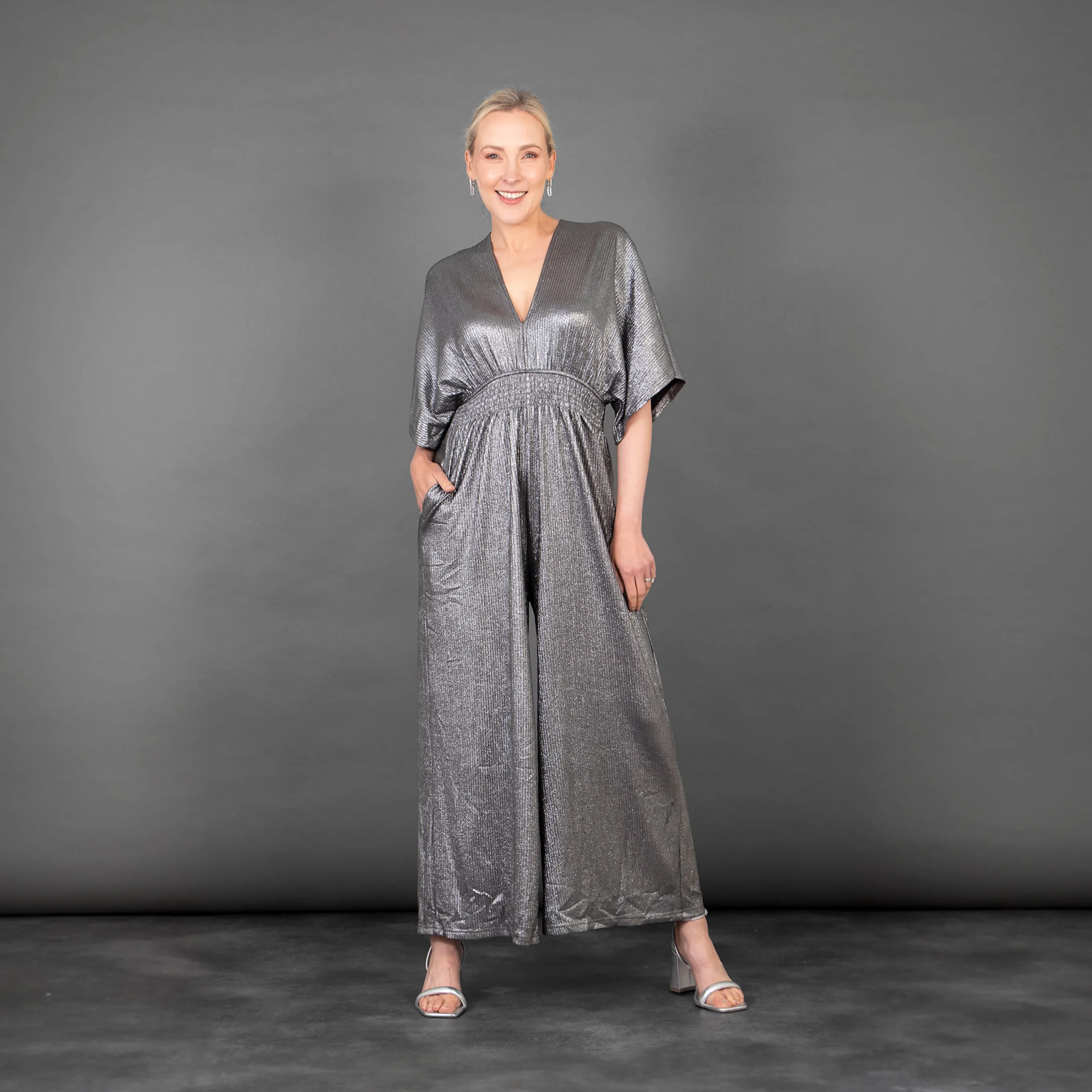 Scarlett V-Neck Jumpsuit - Silver, Pleated