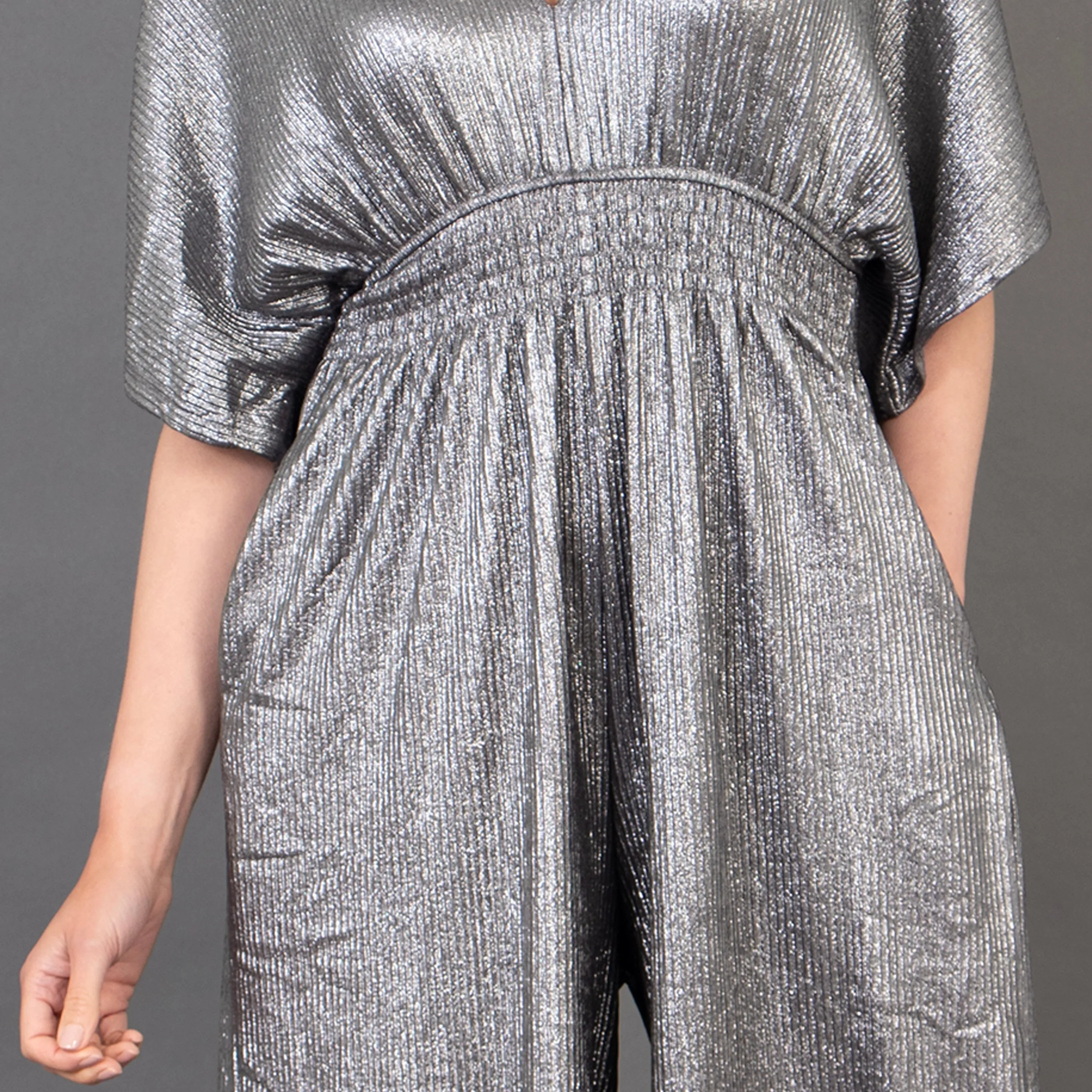 Scarlett V-Neck Jumpsuit - Silver, Pleated