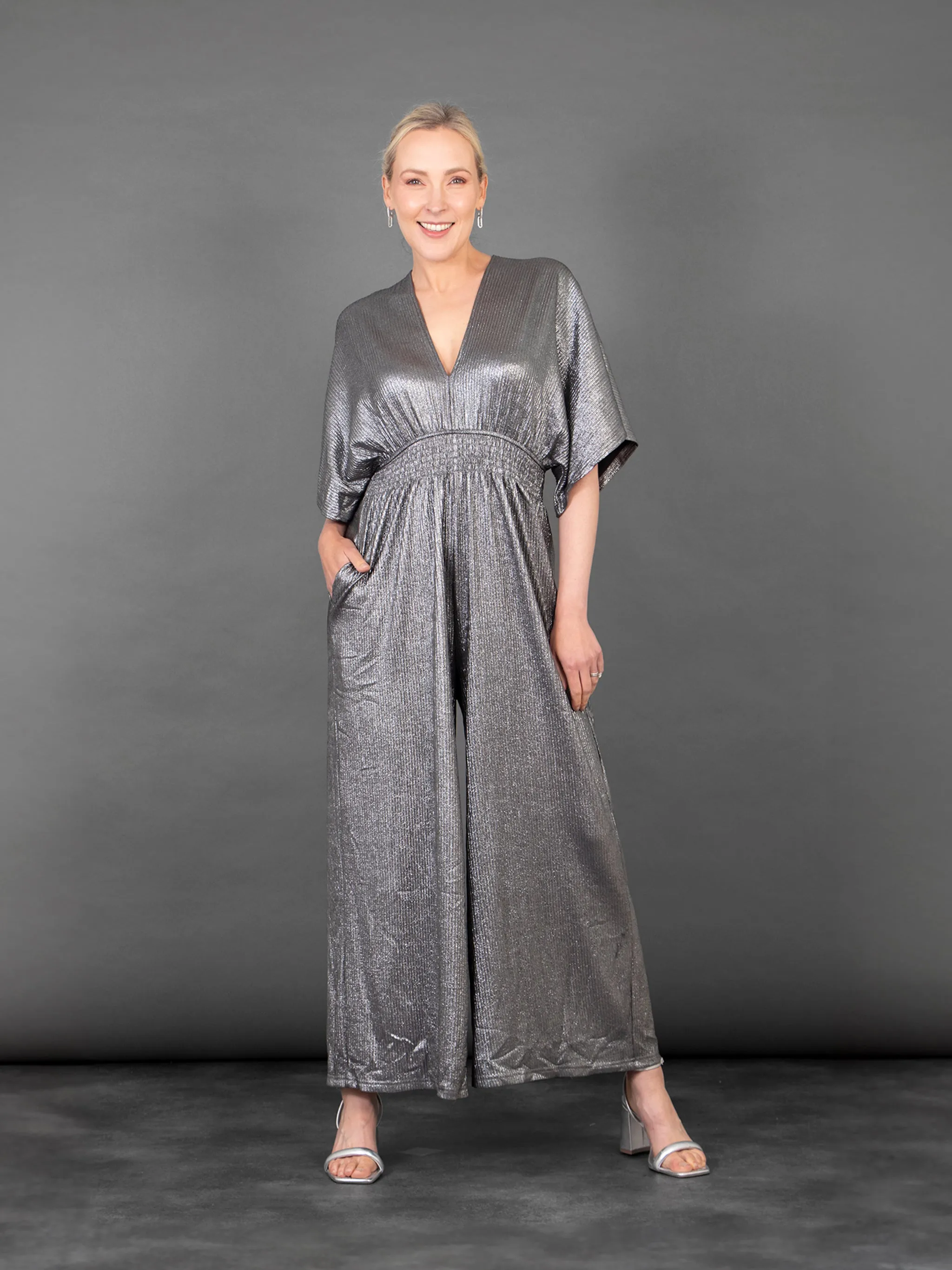 Scarlett V-Neck Jumpsuit - Silver, Pleated