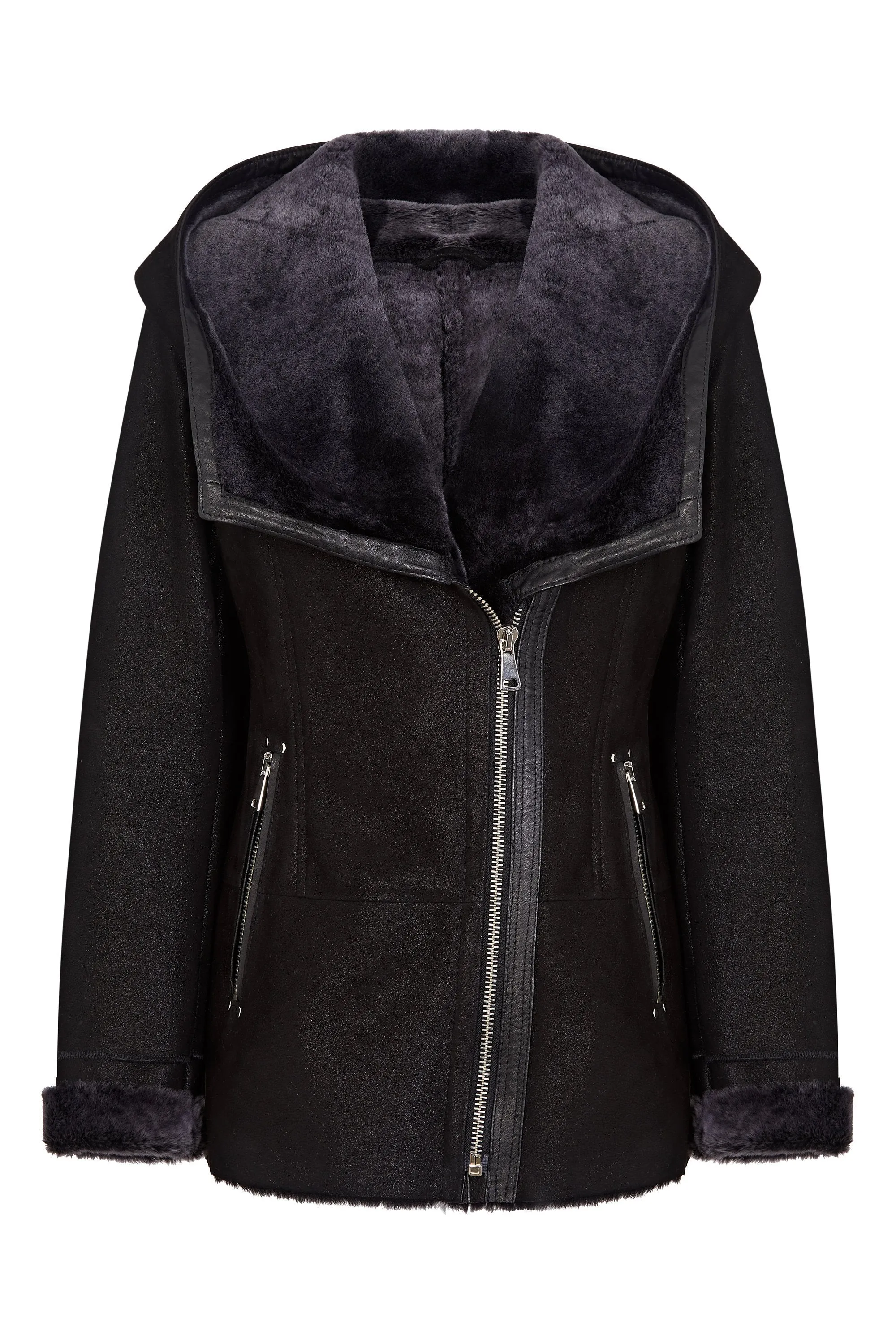 Shearling leather hooded jacket in black