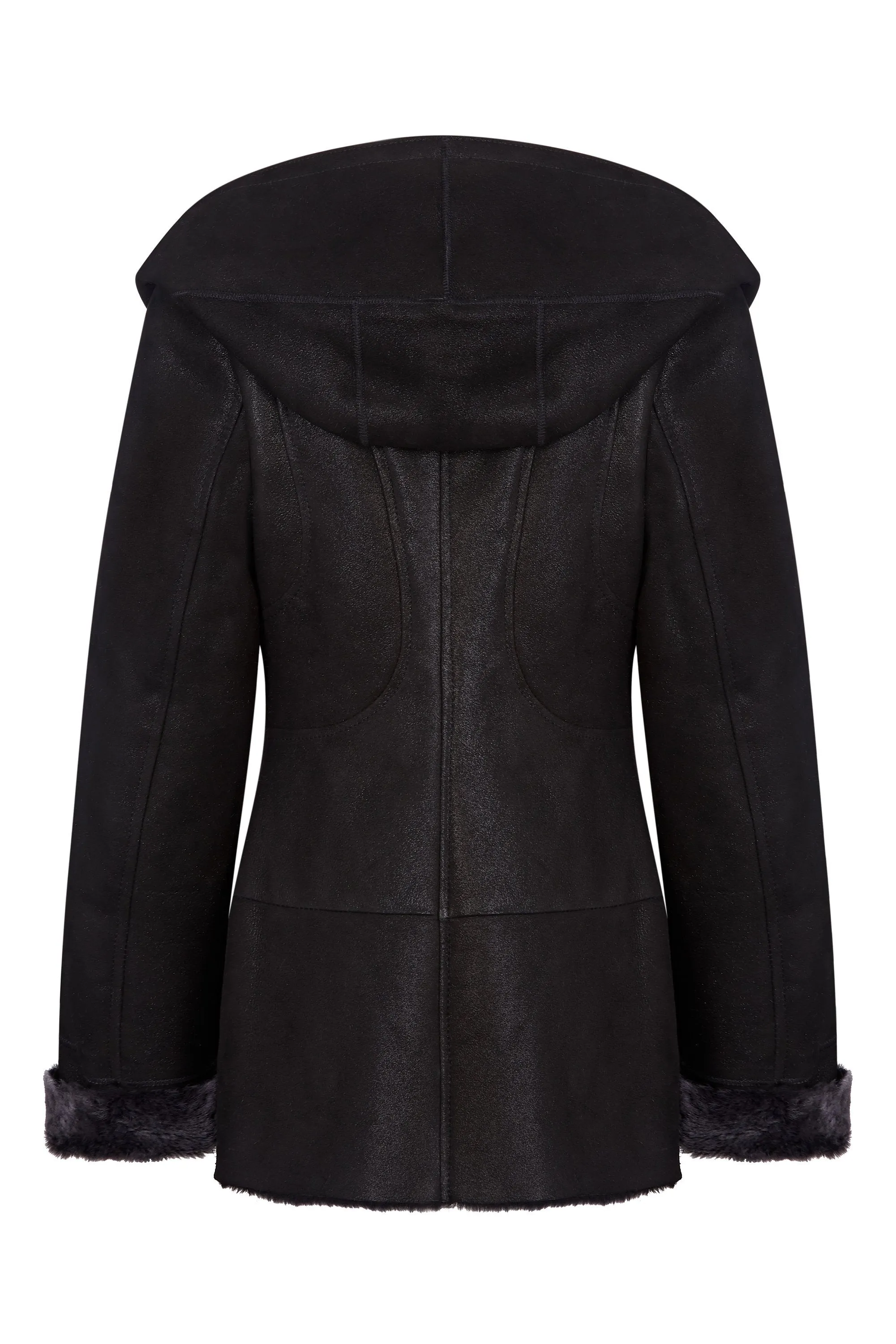 Shearling leather hooded jacket in black