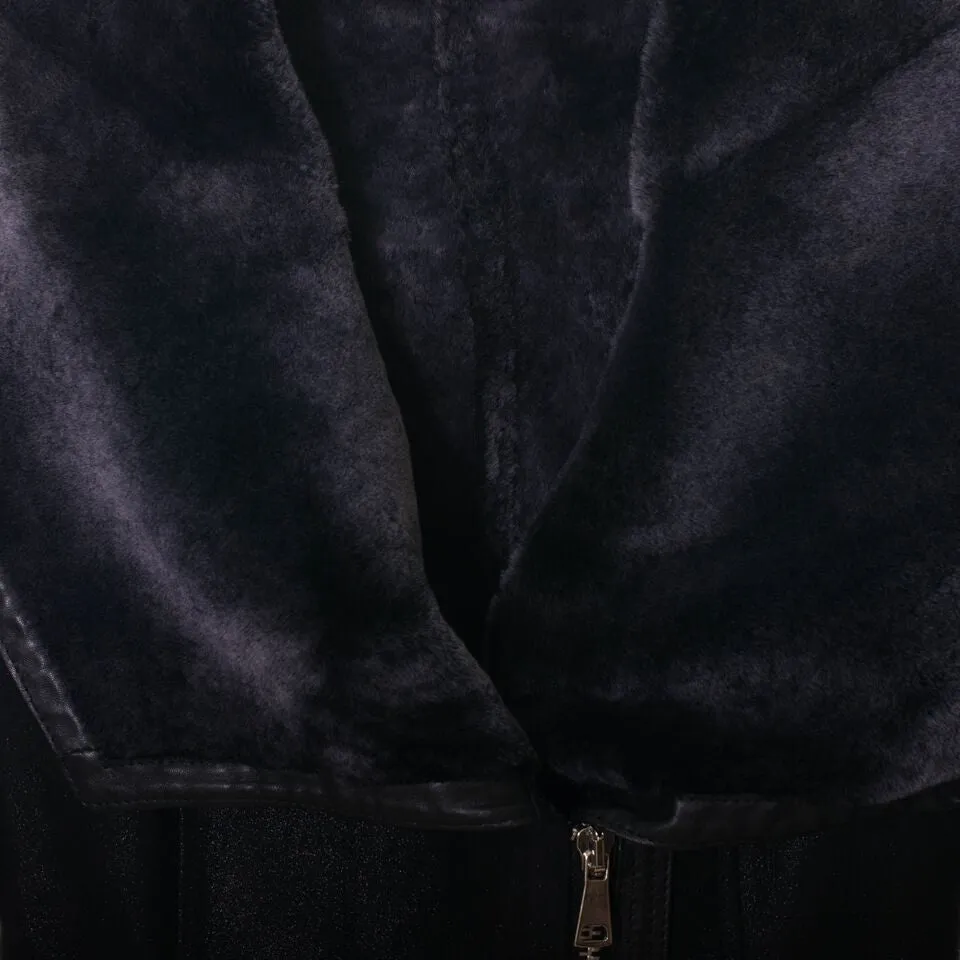 Shearling leather hooded jacket in black