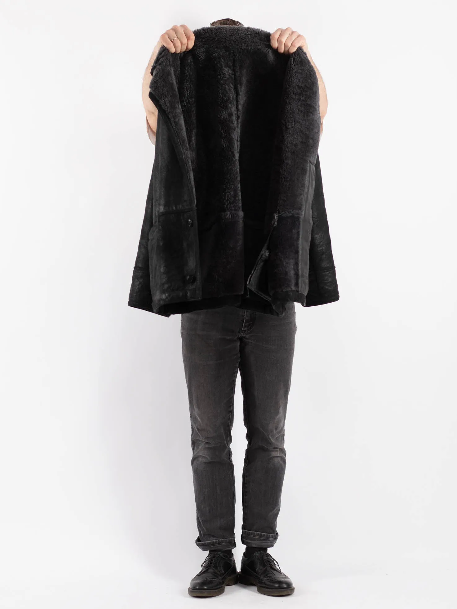 Vintage 70's Men Sheepskin Shearling Jacket in Black
