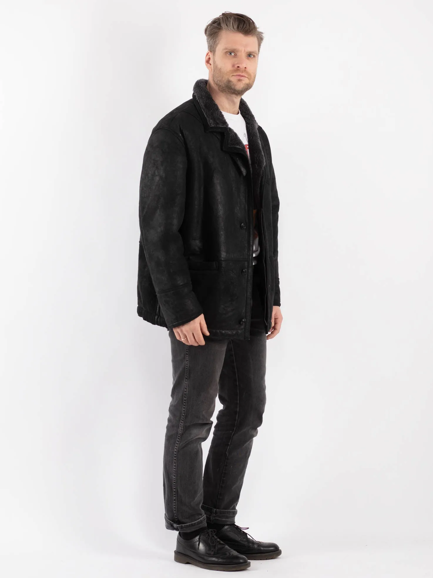 Vintage 70's Men Sheepskin Shearling Jacket in Black